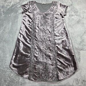 Soft Surroundings Dress Medium Gray Crushed Velvet Floral Embroidered Boho Goth